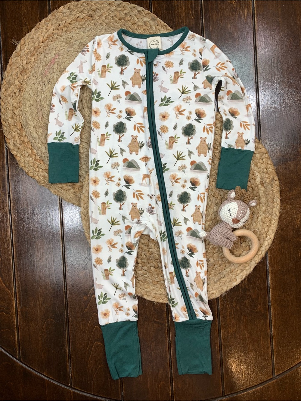 Baby Bamboo Gender Neutral One-Piece Zipper Romper in Forest Green and Cream